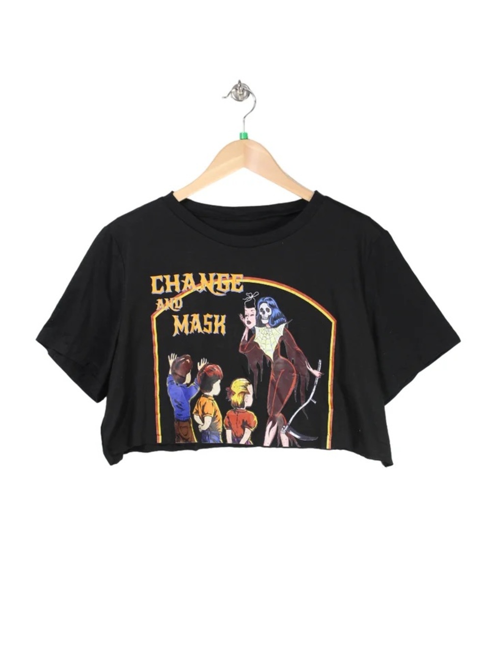 Black Graphic Crop Tee with 'Change and Mask' Print